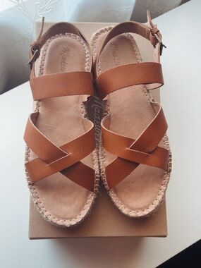 Madewell Julie Espadrille Sandals Brown Leather English Saddle Criscross size 8